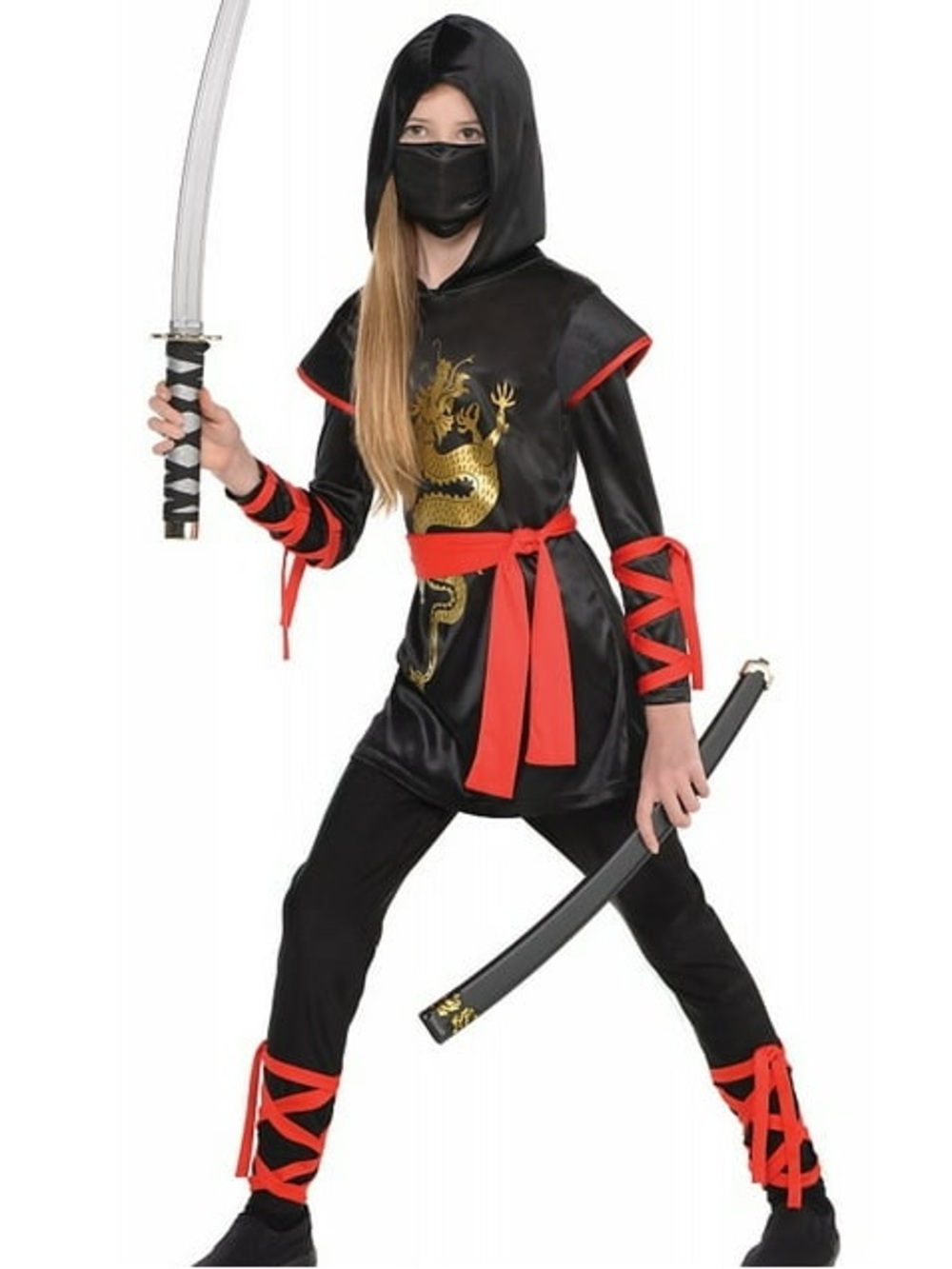 Black & Red Dragon Ninja Kids Costume with Hood and Mask Child X-Large